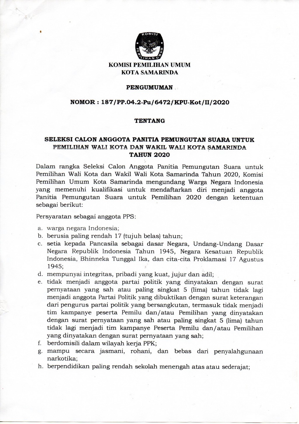 Penerimaan Calon Anggota PPS Dalam Rangka PILWALI Tahun 2020