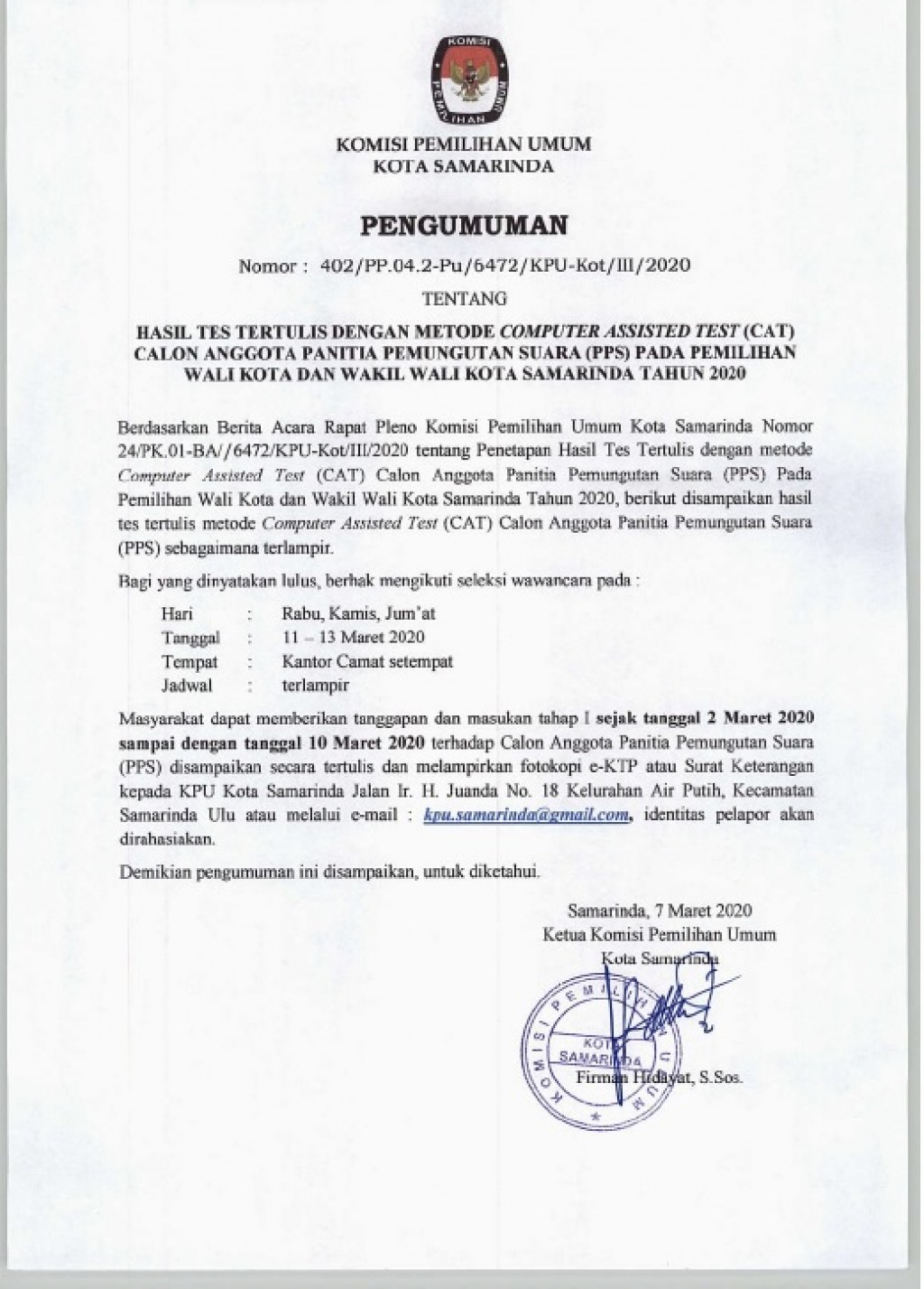 Pengumuman Hasil Tes CAT Calon Anggota PPS