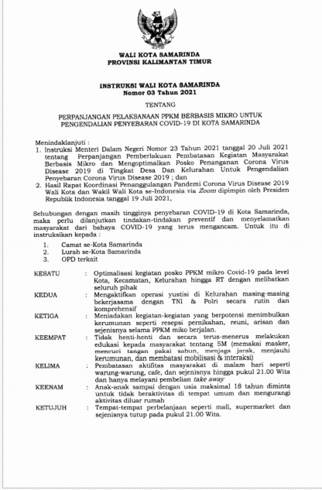 Instruksi Walikota Samarinda No. 03 Tahun 2021