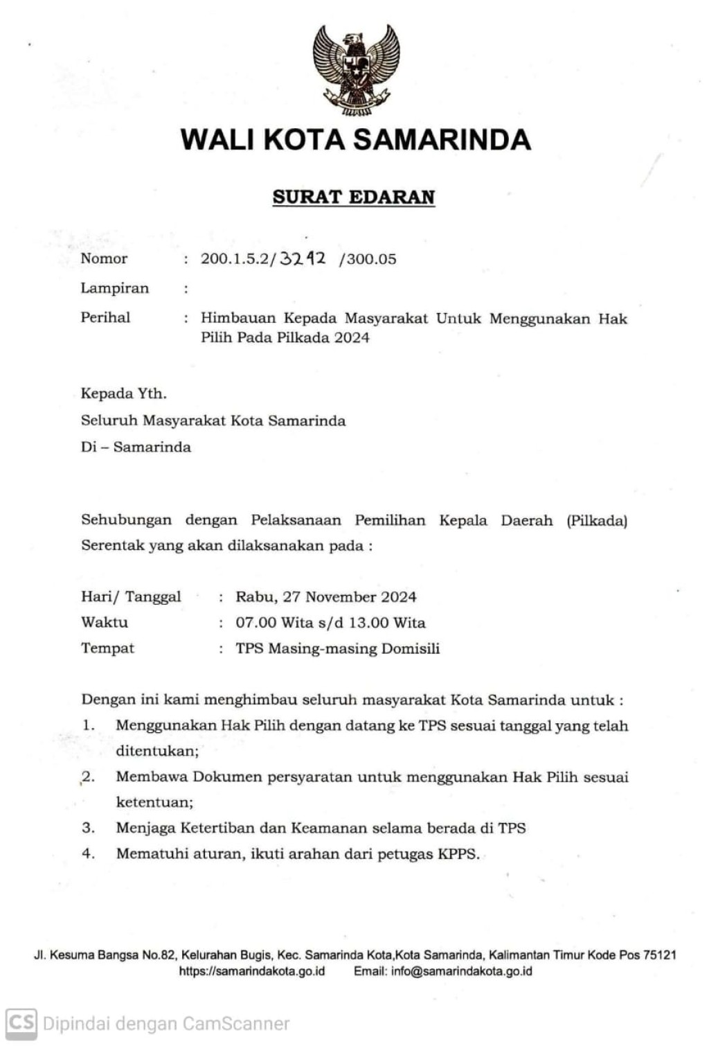 Surat Edaran: Himbauan Kepada Masyarakat Untuk Menggunakan Hak Pilih Pada Pilkada 2024