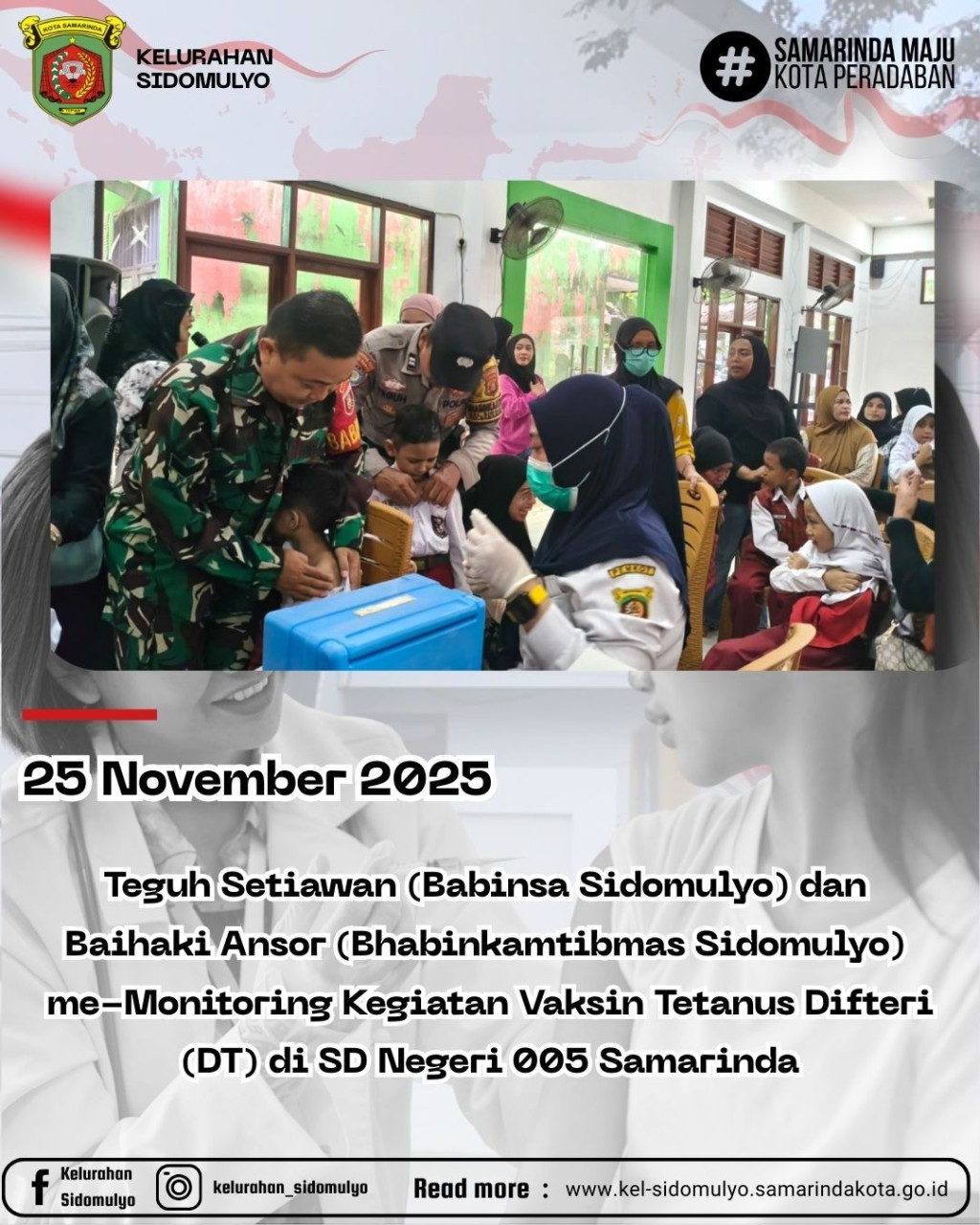 Babinsa dan Bhabinkamtibmas Sidomulyo Monitor Vaksinasi DT di SDN 005 Samarinda