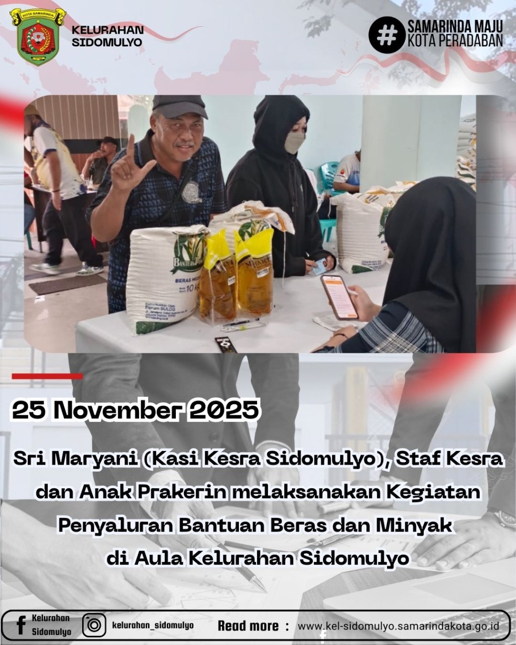 Kelurahan Sidomulyo Salurkan Bantuan Beras dan Minyak Kepada Warga se-tempat