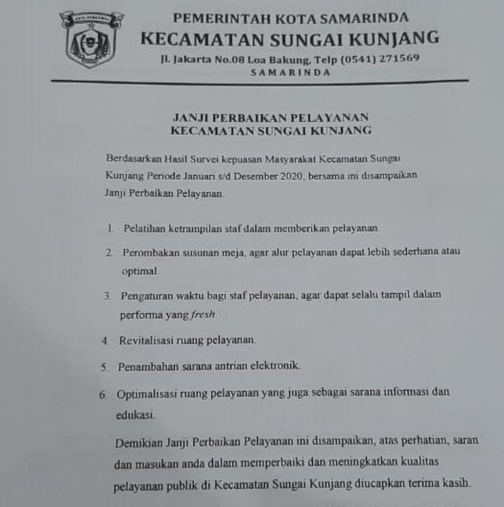 Janji Perbaikan Pelayanan Kecamatan Sungai Kunjang