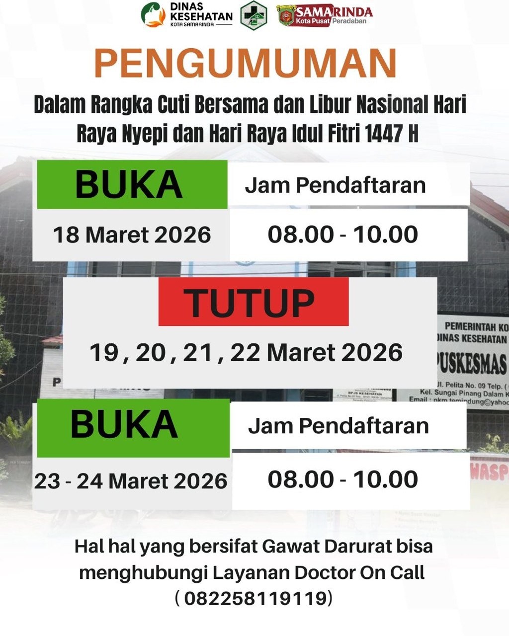 JADWAL PELAYANAN CUTI BERSAMA , LIBUR HARI RAYA NYEPI DAN HARI RAYA IDUL FITRI 1447 HIJIRIAH