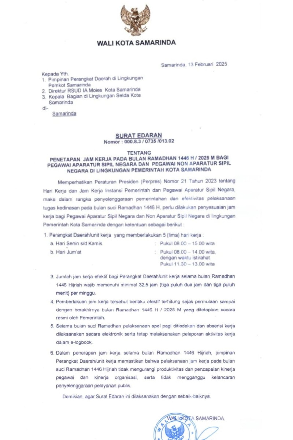 Surat Edaran Wali Kota Samarinda  Tentang Penetapan Jam Kerja pada bulan Ramadhan  1446H/2025M bagi Pegawai Aparatur Sipir Negara dan NON  Aparatur Sipir Negara