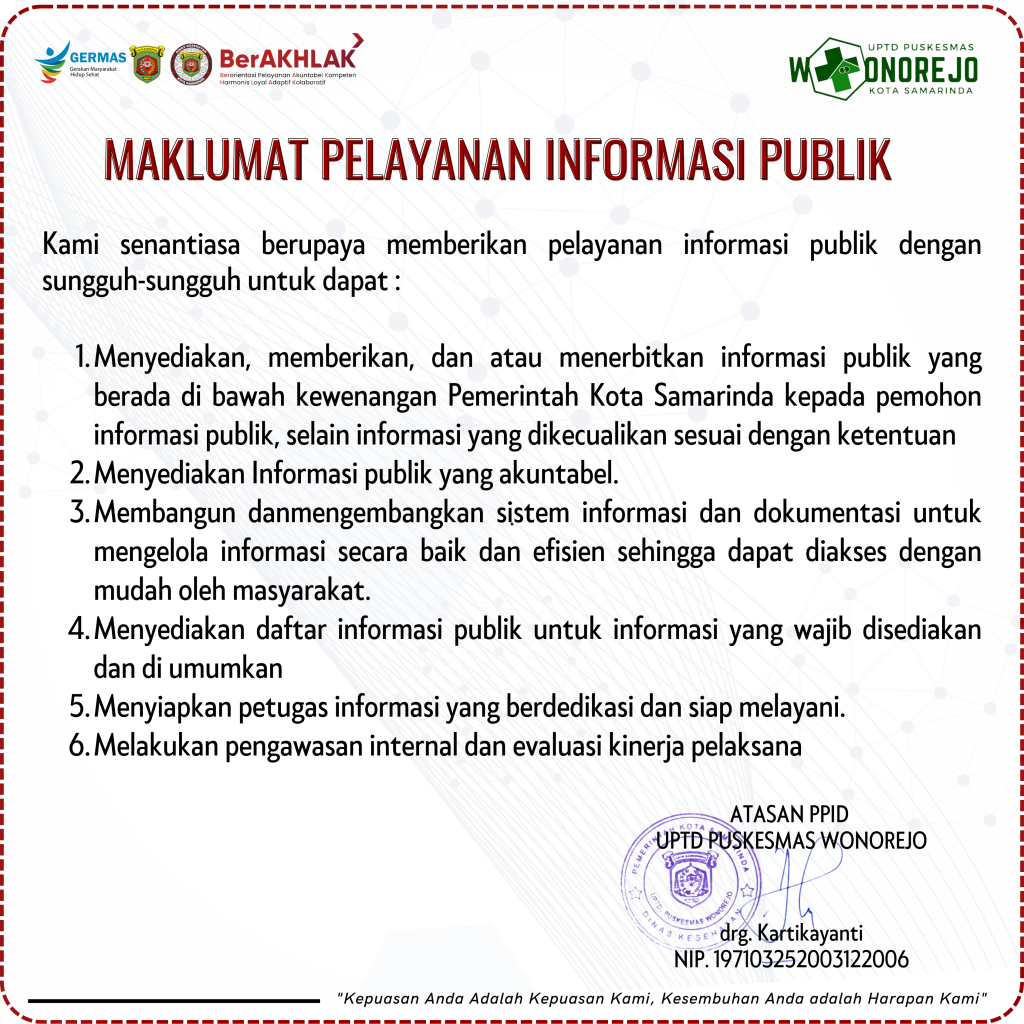 MAKLUMAT PEJABAT PENGELOLA INFORMASI DAN DOKUMENTASI PUSKESMAS WONOREJO